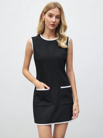 Women Round Neck Sleeveless Plain Color Patchwork Pocket Casual Short Dress