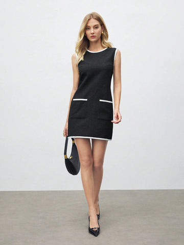 Women Round Neck Sleeveless Plain Color Patchwork Pocket Casual Short Dress
