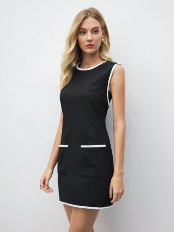 Women Round Neck Sleeveless Plain Color Patchwork Pocket Casual Short Dress