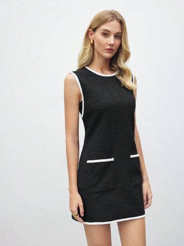 Women Round Neck Sleeveless Plain Color Patchwork Pocket Casual Short Dress