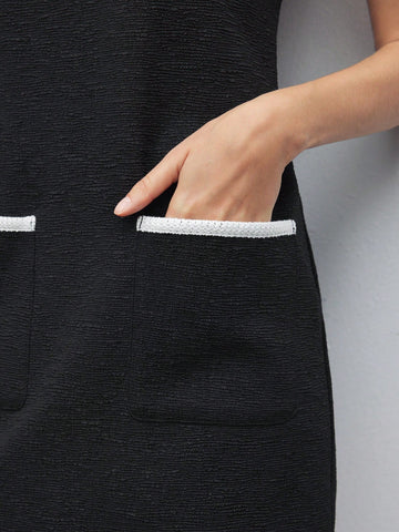 Women Round Neck Sleeveless Plain Color Patchwork Pocket Casual Short Dress