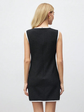 Women Round Neck Sleeveless Plain Color Patchwork Pocket Casual Short Dress