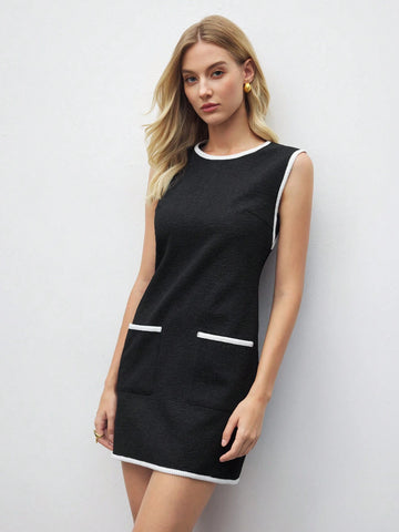 Women Round Neck Sleeveless Plain Color Patchwork Pocket Casual Short Dress