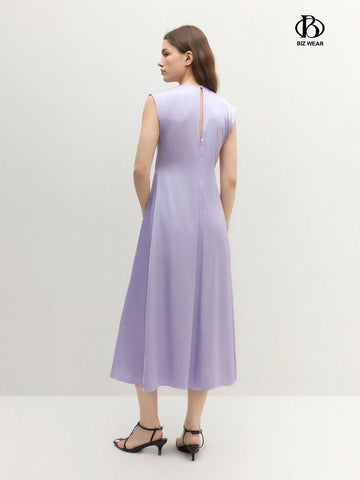 Women Round Neck Solid Color Sleeveless Elegant Summer Dress