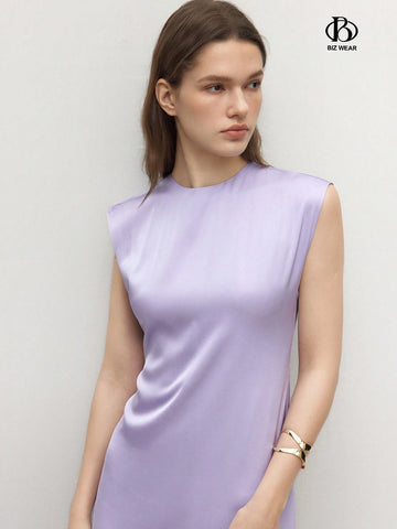 Women Round Neck Solid Color Sleeveless Elegant Summer Dress