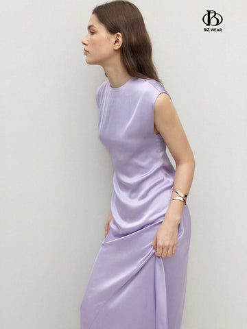 Women Round Neck Solid Color Sleeveless Elegant Summer Dress