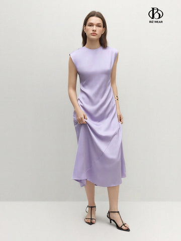 Women Round Neck Solid Color Sleeveless Elegant Summer Dress
