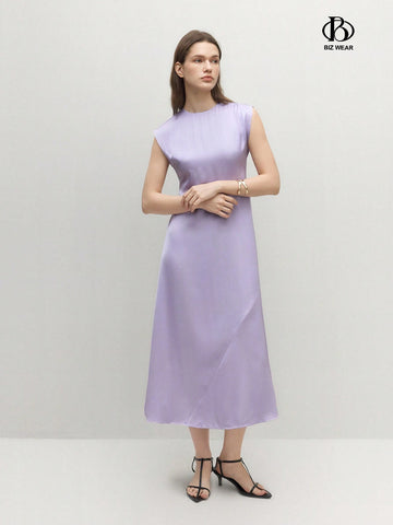 Women Round Neck Solid Color Sleeveless Elegant Summer Dress