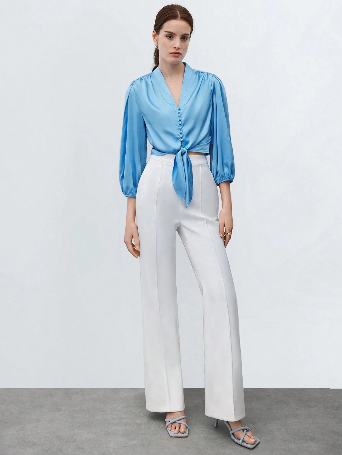 BIZwear Women Satin Lantern Sleeve Button Front Tie Hem Blouse