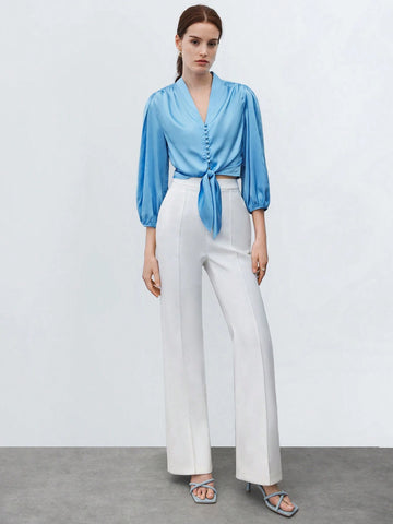 BIZwear Women Satin Lantern Sleeve Button Front Tie Hem Blouse