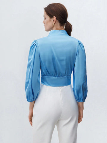 BIZwear Women Satin Lantern Sleeve Button Front Tie Hem Blouse