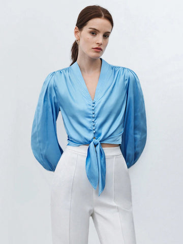 BIZwear Women Satin Lantern Sleeve Button Front Tie Hem Blouse
