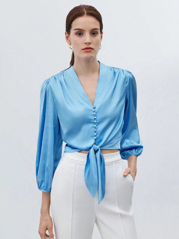 BIZwear Women Satin Lantern Sleeve Button Front Tie Hem Blouse