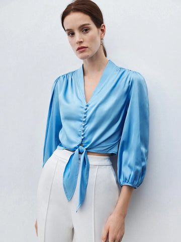 BIZwear Women Satin Lantern Sleeve Button Front Tie Hem Blouse