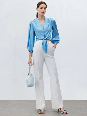 BIZwear Women Satin Lantern Sleeve Button Front Tie Hem Blouse