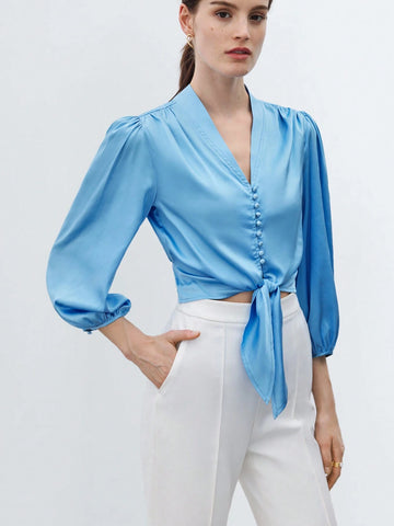 BIZwear Women Satin Lantern Sleeve Button Front Tie Hem Blouse