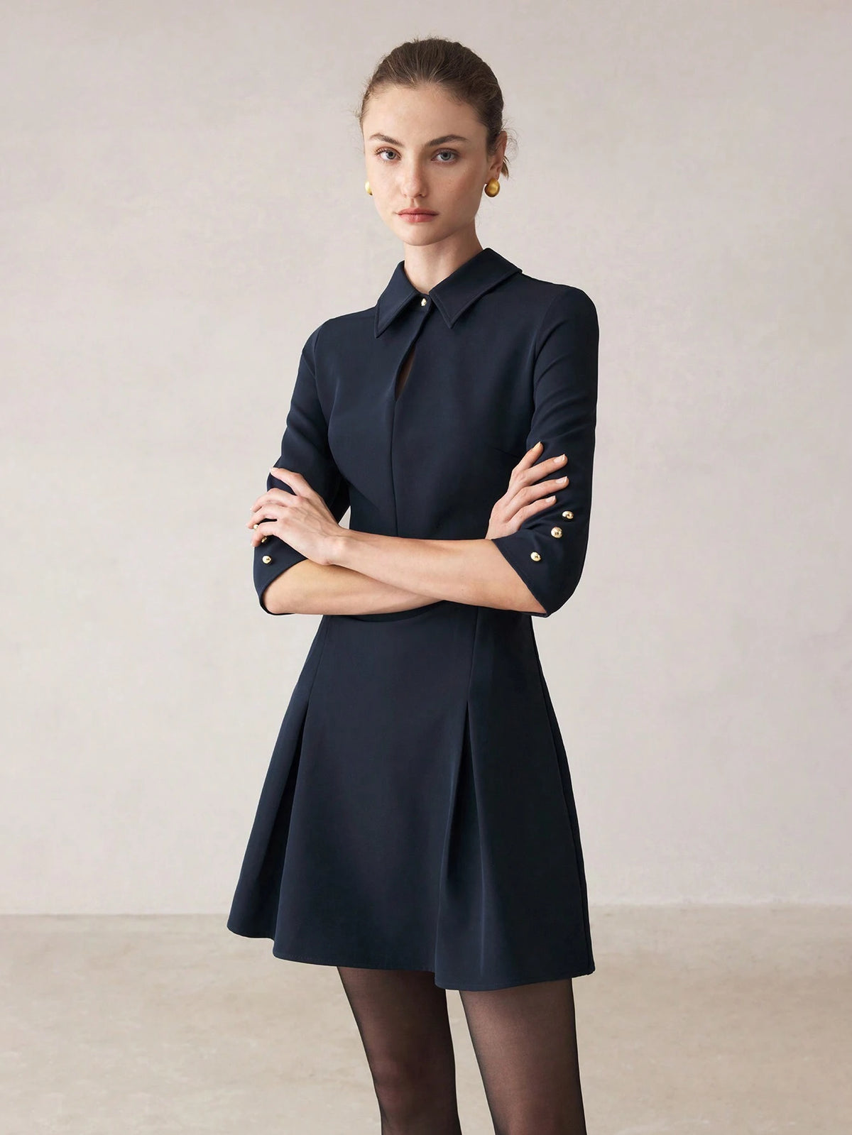 Women Solid Color Front Button Closure Elegant Commute Dress