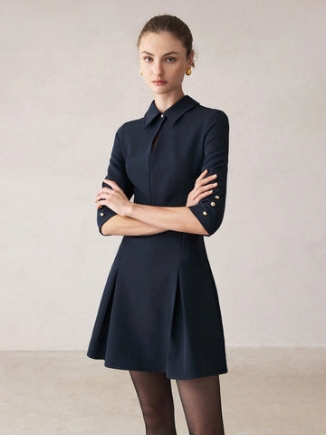 Women Solid Color Front Button Closure Elegant Commute Dress