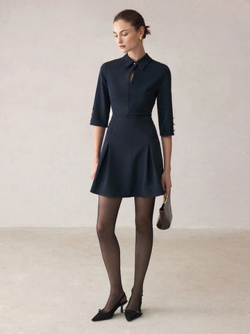 Women Solid Color Front Button Closure Elegant Commute Dress