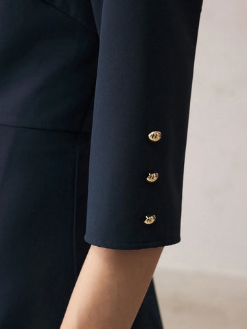 Women Solid Color Front Button Closure Elegant Commute Dress