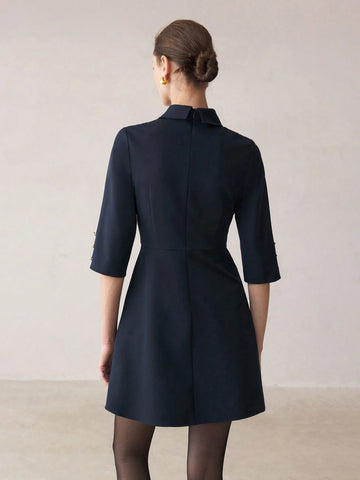 Women Solid Color Front Button Closure Elegant Commute Dress