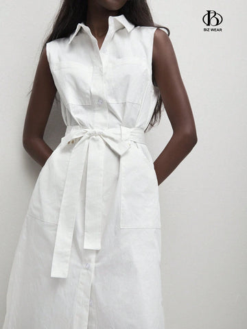 Women Spring/Summer Casual Solid Color Sleeveless Button Down Shirt Dress