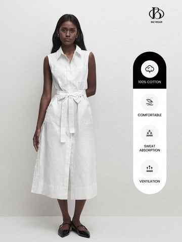 Women Spring/Summer Casual Solid Color Sleeveless Button Down Shirt Dress