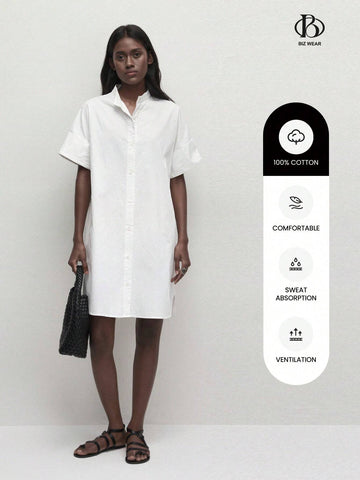 Women Spring/Summer Casual Solid Color Stand Collar Button Front Shirt Dress