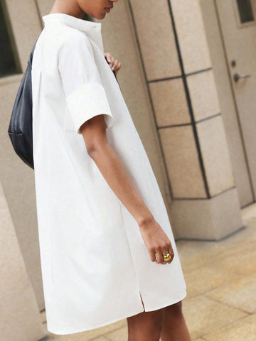 Women Spring/Summer Casual Solid Color Stand Collar Button Front Shirt Dress
