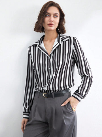 BIZwear Women Striped Long Sleeve Single-Breasted Casual Shirt