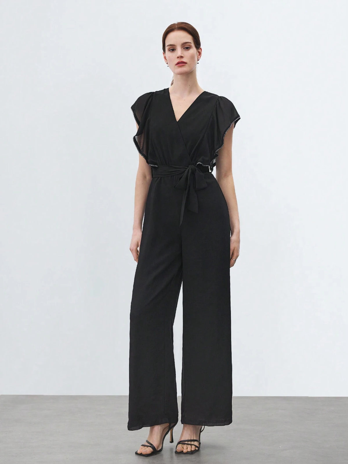 Women Summer Pure Color Overlapping V-Neck Mesh Splice Cap Sleeve Wide-Legged Elegant Jumpsuit