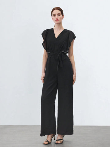 Women Summer Pure Color Overlapping V-Neck Mesh Splice Cap Sleeve Wide-Legged Elegant Jumpsuit