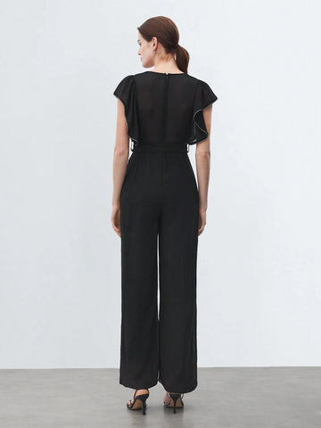 Women Summer Pure Color Overlapping V-Neck Mesh Splice Cap Sleeve Wide-Legged Elegant Jumpsuit