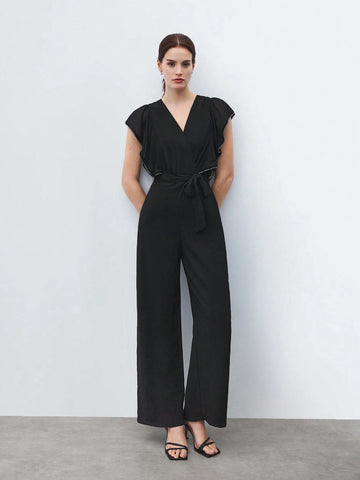 Women Summer Pure Color Overlapping V-Neck Mesh Splice Cap Sleeve Wide-Legged Elegant Jumpsuit