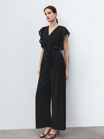 Women Summer Pure Color Overlapping V-Neck Mesh Splice Cap Sleeve Wide-Legged Elegant Jumpsuit