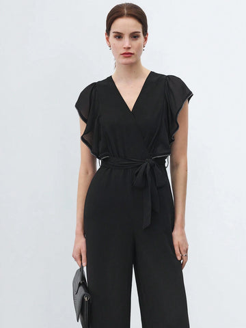 Women Summer Pure Color Overlapping V-Neck Mesh Splice Cap Sleeve Wide-Legged Elegant Jumpsuit