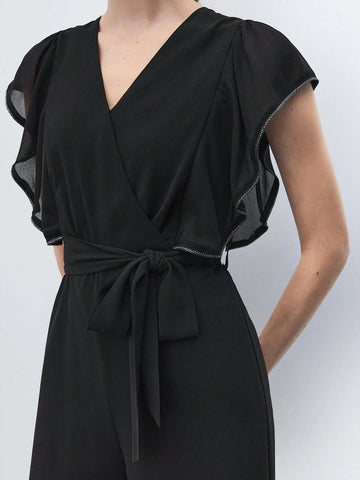 Women Summer Pure Color Overlapping V-Neck Mesh Splice Cap Sleeve Wide-Legged Elegant Jumpsuit