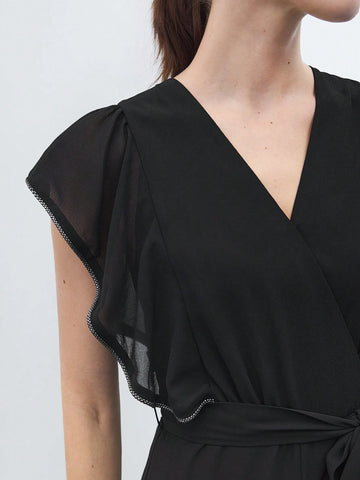 Women Summer Pure Color Overlapping V-Neck Mesh Splice Cap Sleeve Wide-Legged Elegant Jumpsuit