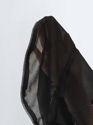 Women Summer Pure Color Overlapping V-Neck Mesh Splice Cap Sleeve Wide-Legged Elegant Jumpsuit