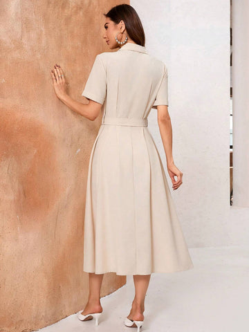 Women Vintage Belted Trench Dress With Large Lapel Collar, Elegant And Fashionable For Work A