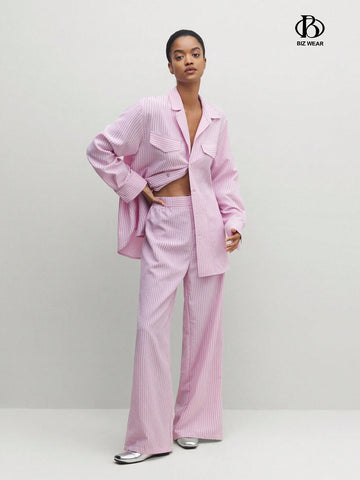 BIZwear Women's Casual Striped Printed Drop Shoulder Casual Long Sleeve Shirt