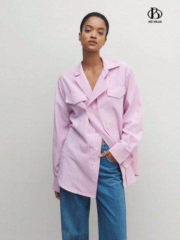 BIZwear Women's Casual Striped Printed Drop Shoulder Casual Long Sleeve Shirt