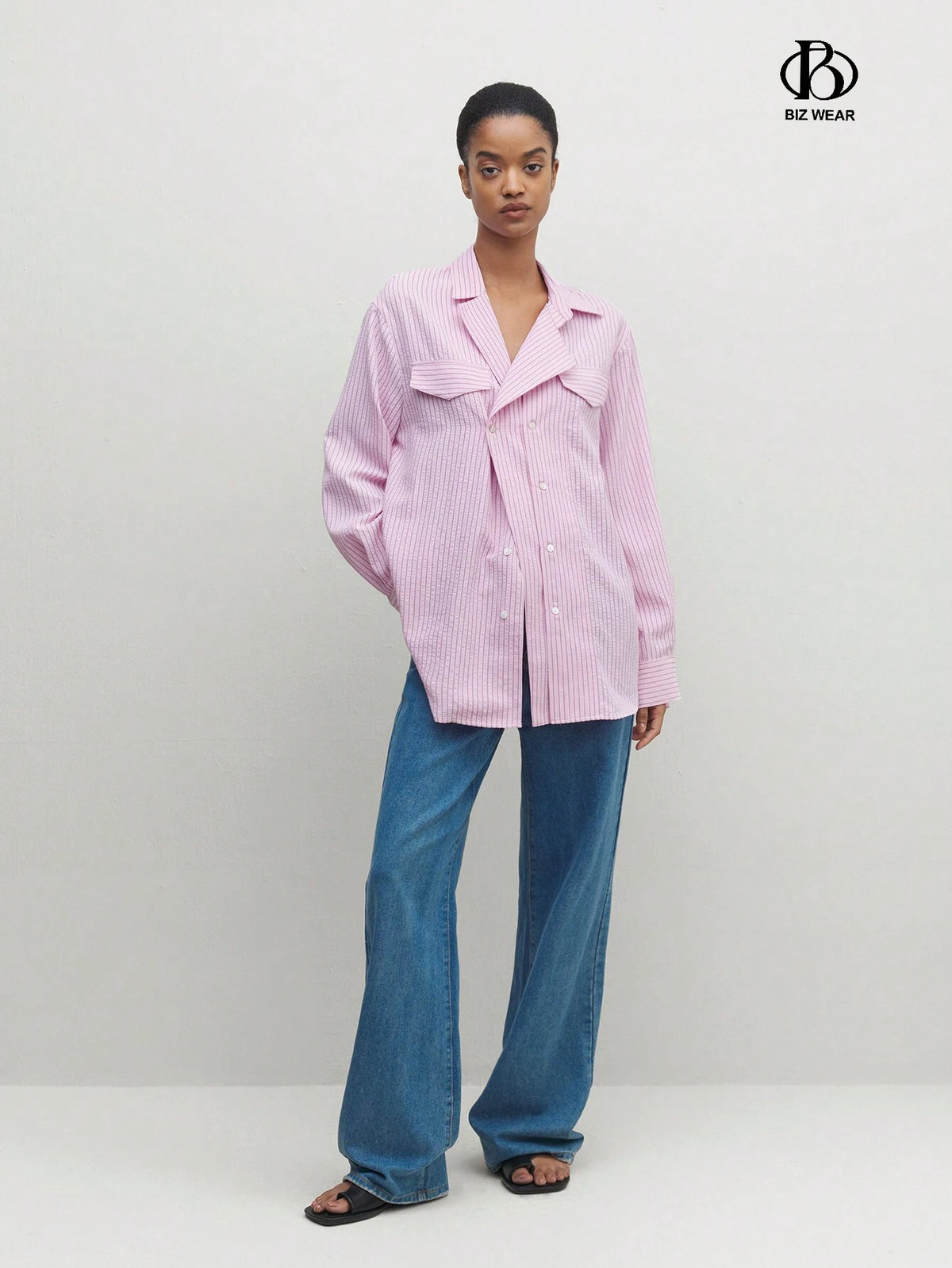 BIZwear Women's Casual Striped Printed Drop Shoulder Casual Long Sleeve Shirt