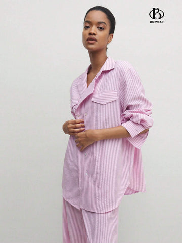 BIZwear Women's Casual Striped Printed Drop Shoulder Casual Long Sleeve Shirt