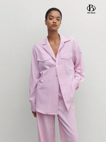 BIZwear Women's Casual Striped Printed Drop Shoulder Casual Long Sleeve Shirt