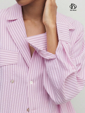 BIZwear Women's Casual Striped Printed Drop Shoulder Casual Long Sleeve Shirt