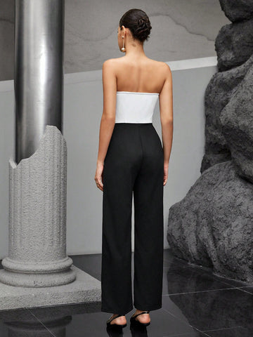 Women's Color Block Jumpsuit With Pocket And Strapless Design