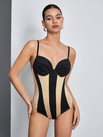 Women's Color Block Ruched Bust Detail Spaghetti Strap Bodysuit