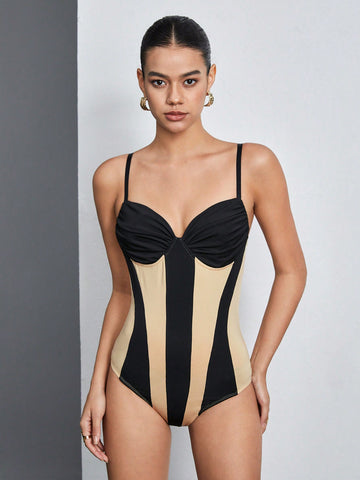 Women's Color Block Ruched Bust Detail Spaghetti Strap Bodysuit