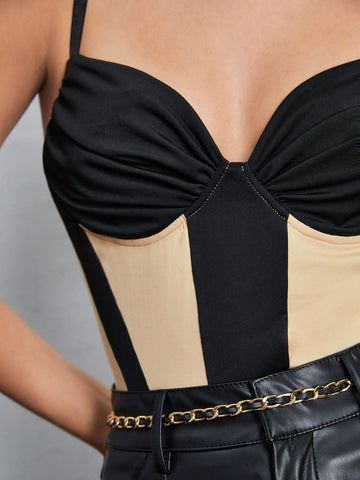 Women's Color Block Ruched Bust Detail Spaghetti Strap Bodysuit